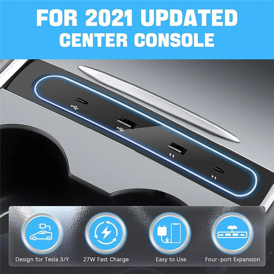 Tesla Model Y 3 USB Hub 4 in 1 USB Console Charger PD Fast Charge Port 2021-2023